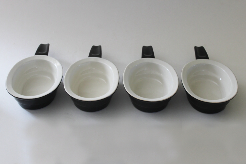 photo of mod black & white ironstone stacking bowls, stick handled casseroles Edward Don Hall China Stakups  #2