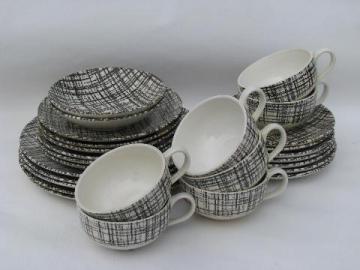 catalog photo of mod black & white Tweed pattern pottery, 1950s vintage Royal china