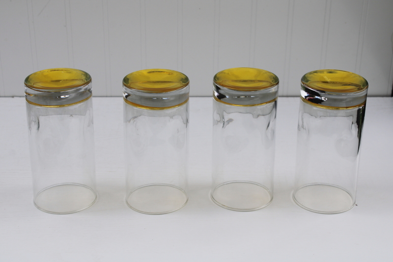 photo of mod dimple shape tumblers, amber yellow base clear glass collins highballs drinking glasses #4