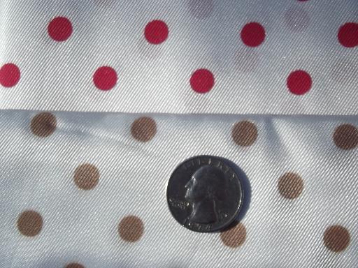 photo of mod dots satin twill fabric, suit coat lining material, tan, red spots #2