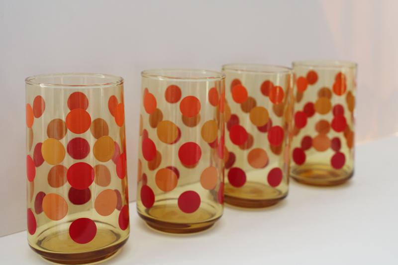 photo of mod dots vintage amber glass drinking glasses set, polka dotted tumblers #2