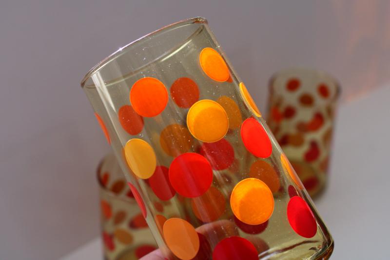 photo of mod dots vintage amber glass drinking glasses set, polka dotted tumblers #3