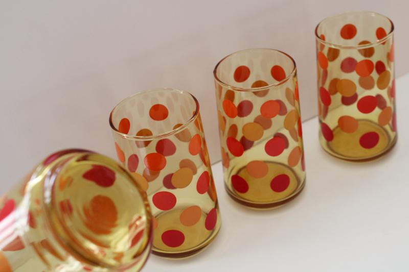 photo of mod dots vintage amber glass drinking glasses set, polka dotted tumblers #4