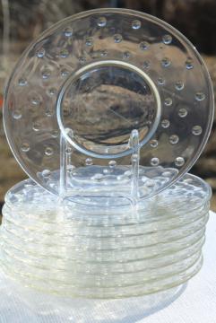 catalog photo of mod dots vintage crystal clear glass salad plates, punty pattern hobnail glass