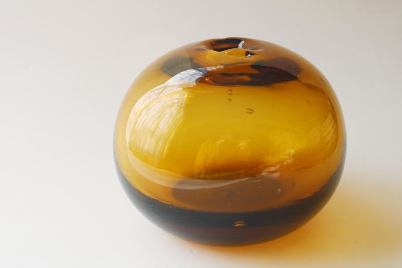 photo of mod hand blown glass vase bubble shape round ball, dark amber brown colored glass #1