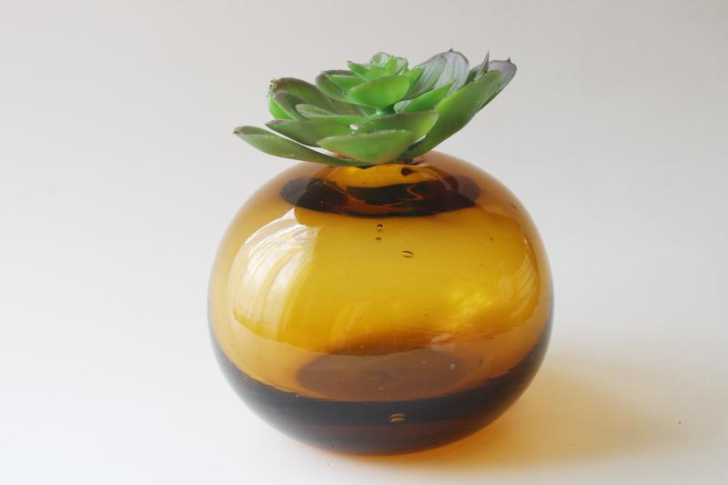 photo of mod hand blown glass vase bubble shape round ball, dark amber brown colored glass #2