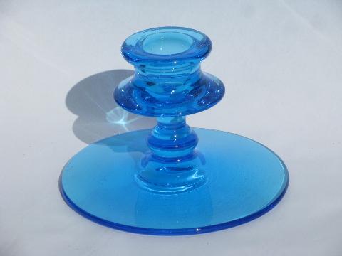 photo of mod low candlesticks, pair retro vintage glass candle holders, electric blue laser color #2