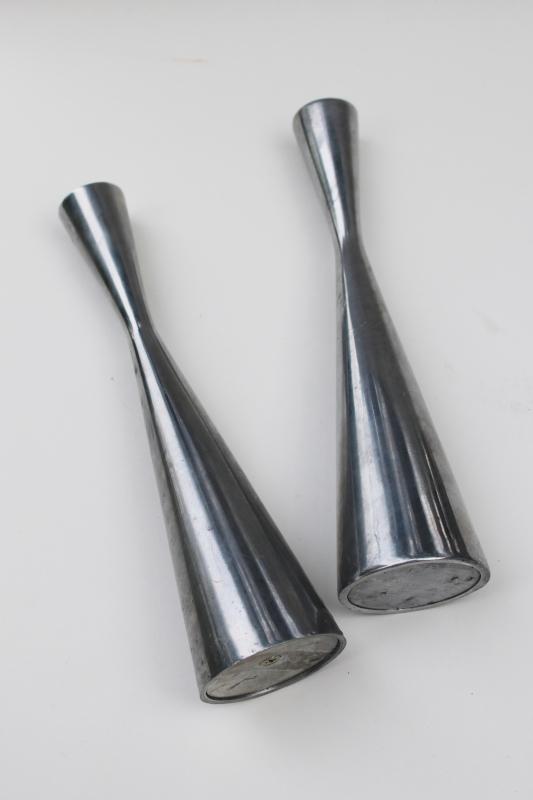 photo of mod metal candle holders, pair tall aluminum candlesticks minimalist flare shape #4