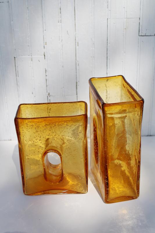 photo of mod minimalist glass block vases, hand blown seeded glass cubes w/ keyhole window #7