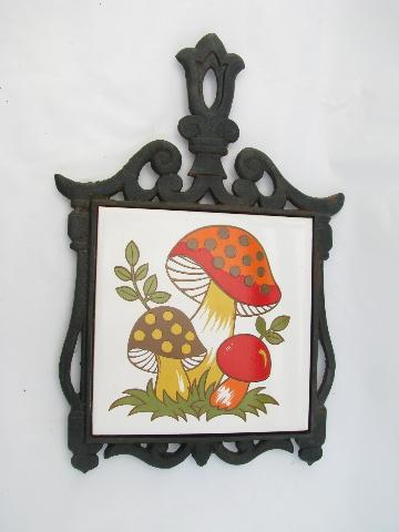 photo of mod mushrooms retro 70s vintage tile / cast iron kitchen trivet #1