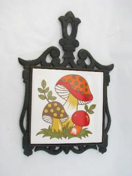 catalog photo of mod mushrooms retro 70s vintage tile / cast iron kitchen trivet