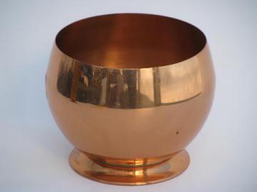 catalog photo of mod round vintage solid copper bowl, large ball vase