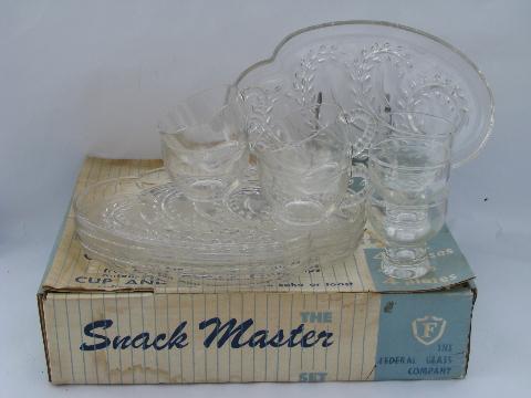 photo of mod shape retro pressed pattern glass snack sets w/ cups and glasses, rare large set #1