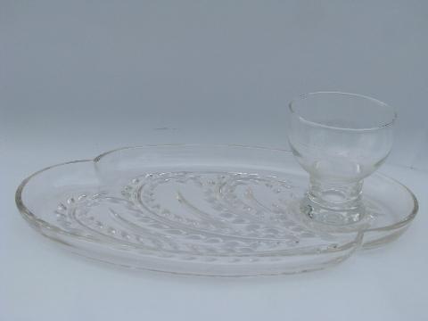 photo of mod shape retro pressed pattern glass snack sets w/ cups and glasses, rare large set #2