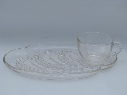 photo of mod shape retro pressed pattern glass snack sets w/ cups and glasses, rare large set #3