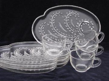 catalog photo of mod shape retro pressed pattern glass snack sets, vintage Federal