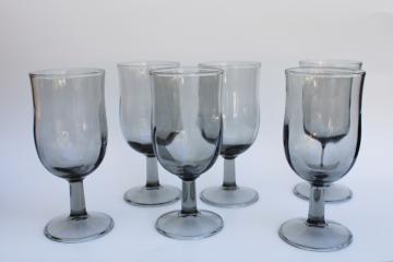 mod smoke grey glass wine glasses, retro barware tulip shape goblets set of 6