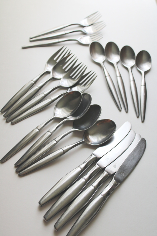 photo of mod vintage Amere Japan stainless flatware pattern AEF1, spork shaped forks, spoons & knives #1