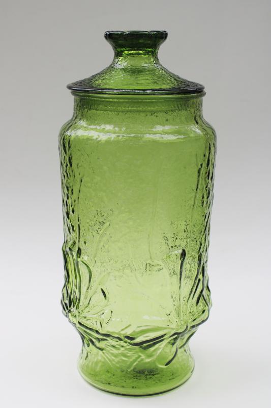 photo of mod vintage Anchor Hocking Rainflower canister jar w/ lid, 70s avocado green glass #1