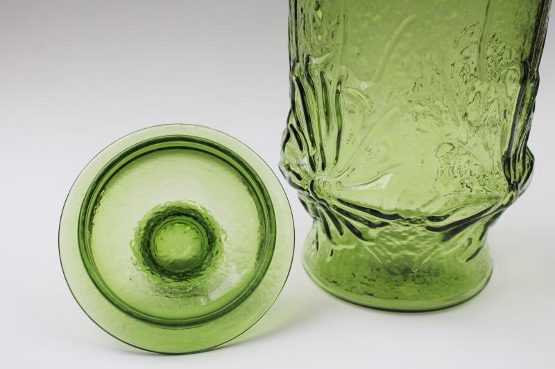 photo of mod vintage Anchor Hocking Rainflower canister jar w/ lid, 70s avocado green glass #3