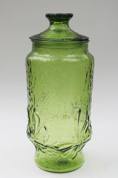 catalog photo of mod vintage Anchor Hocking Rainflower canister jar w/ lid, 70s avocado green glass