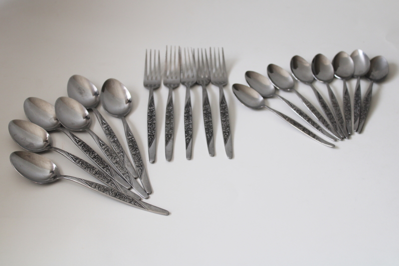 photo of mod vintage Caress floral pattern National stainless flatware, forks, soup, tea spoons #1