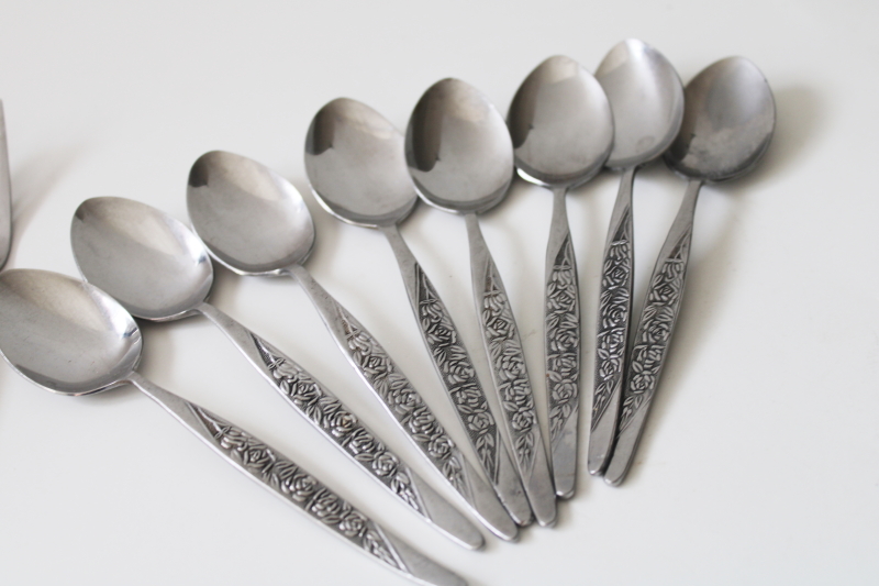 photo of mod vintage Caress floral pattern National stainless flatware, forks, soup, tea spoons #3