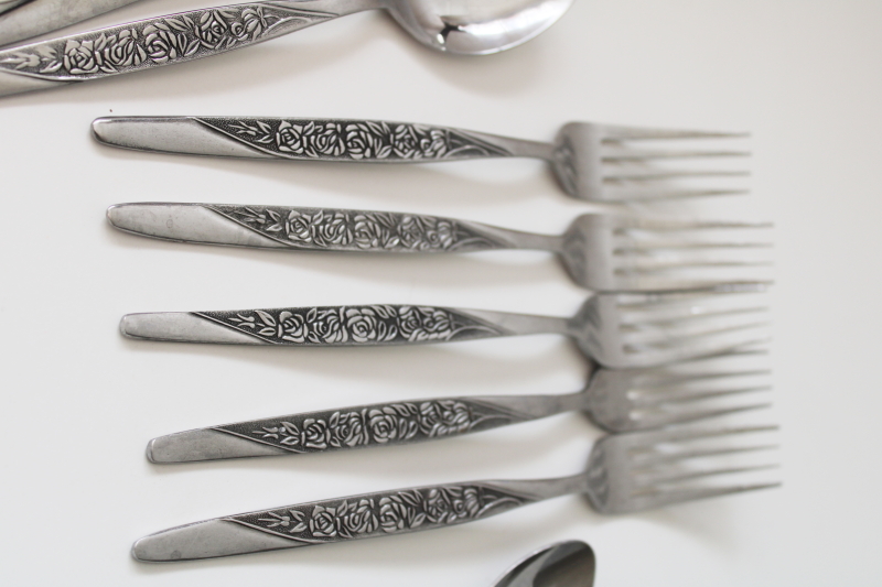 photo of mod vintage Caress floral pattern National stainless flatware, forks, soup, tea spoons #4
