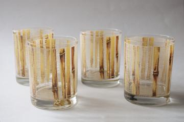 mod vintage Cera glass bamboo pattern old fashioned lowball glasses, retro barware set 