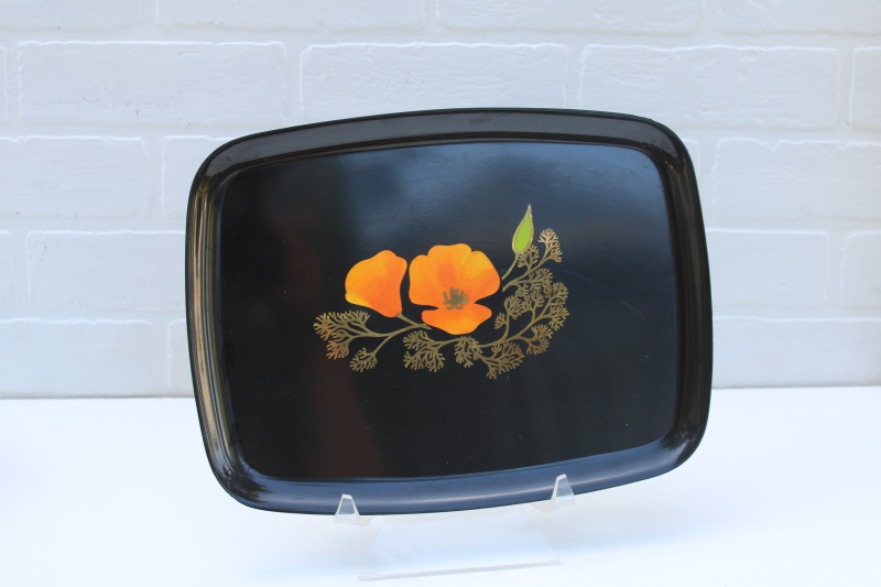 photo of mod vintage Couroc black lacquer look tray w/ inlay California poppy yellow flower #1