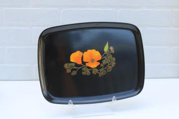 photo of mod vintage Couroc black lacquer look tray w/ inlay California poppy yellow flower