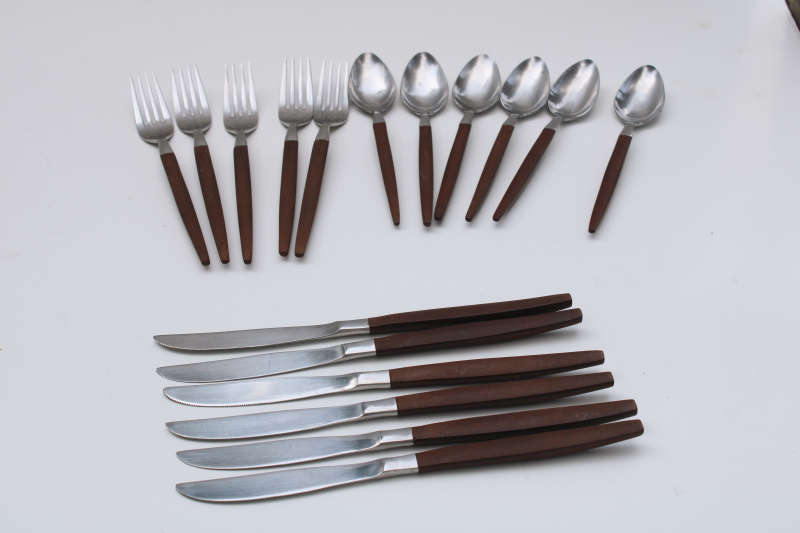 photo of mod vintage Ekco Eterna Canoe Muffin stainless flatware rosewood brown melamine handles #1