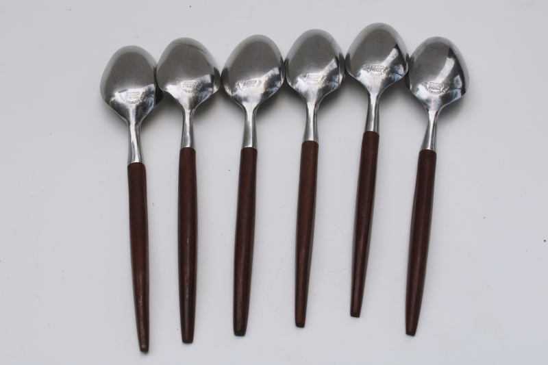 photo of mod vintage Ekco Eterna Canoe Muffin stainless flatware rosewood brown melamine handles #2