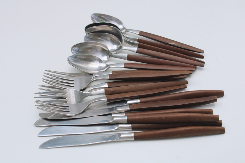 photo of mod vintage Ekco Eterna Canoe Muffin stainless flatware rosewood brown melamine handles #3