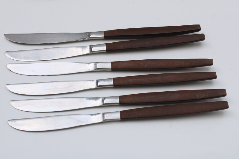 photo of mod vintage Ekco Eterna Canoe Muffin stainless flatware rosewood brown melamine handles #4