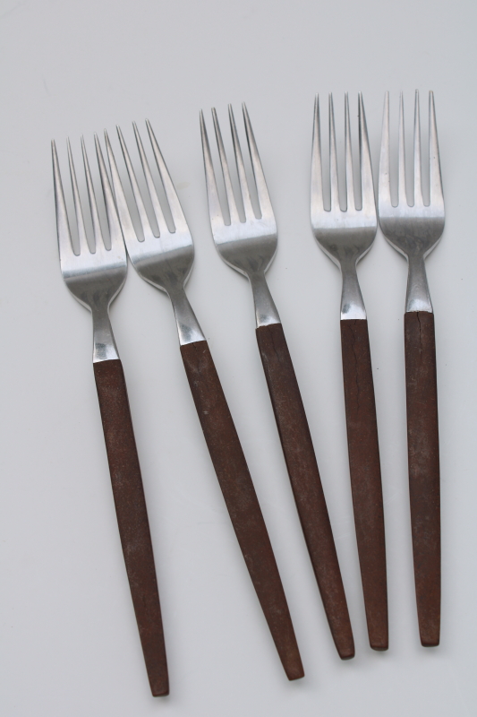 photo of mod vintage Ekco Eterna Canoe Muffin stainless flatware rosewood brown melamine handles #7