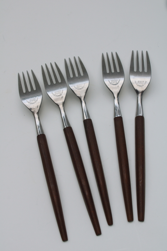 photo of mod vintage Ekco Eterna Canoe Muffin stainless flatware rosewood brown melamine handles #8