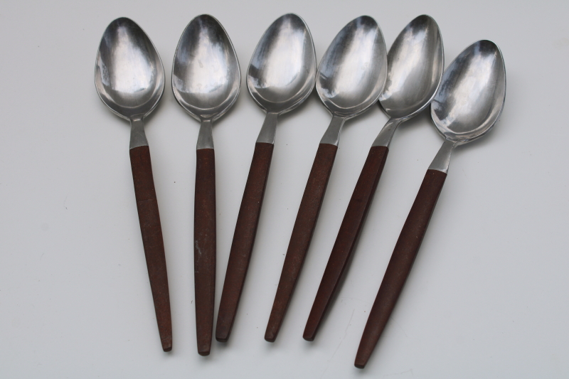 photo of mod vintage Ekco Eterna Canoe Muffin stainless flatware rosewood brown melamine handles #10