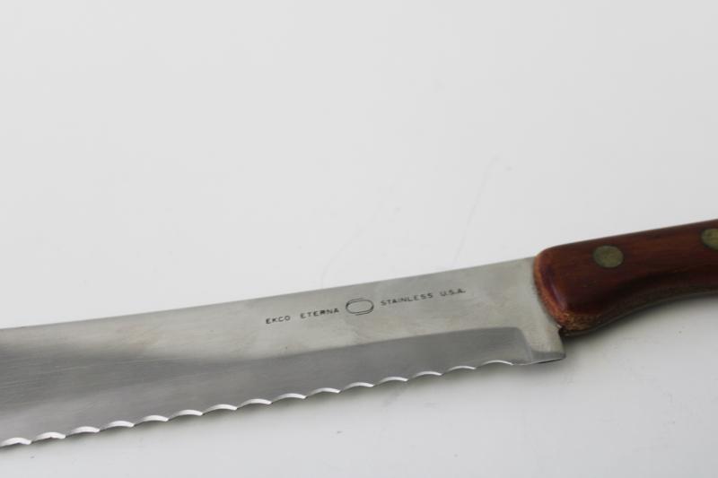 photo of mod vintage Ekco Eterna bread knife, serrated stainless blade w/ teak wood handle #2