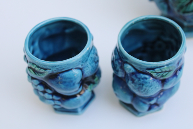 photo of mod vintage Inarco Japan Mood Indigo blue fruit ceramic pitcher & tumblers  #2