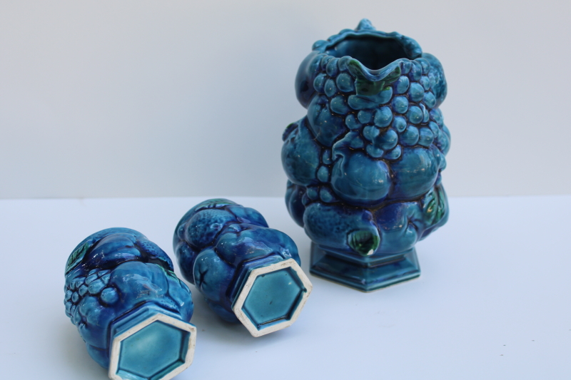 photo of mod vintage Inarco Japan Mood Indigo blue fruit ceramic pitcher & tumblers  #3