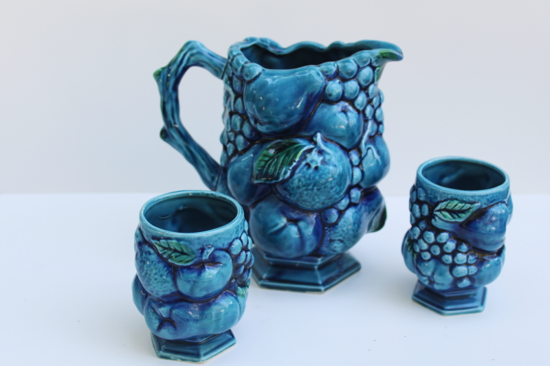 photo of mod vintage Inarco Japan Mood Indigo blue fruit ceramic pitcher & tumblers  #6