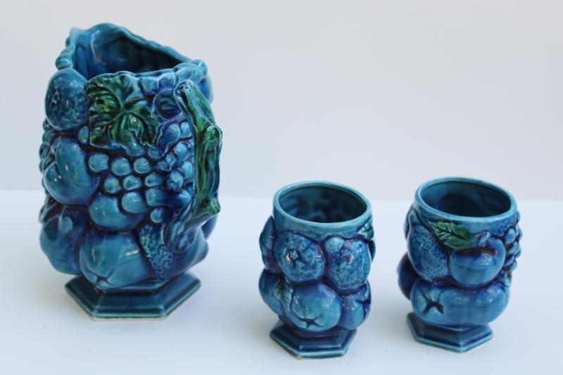 photo of mod vintage Inarco Japan Mood Indigo blue fruit ceramic pitcher & tumblers  #7