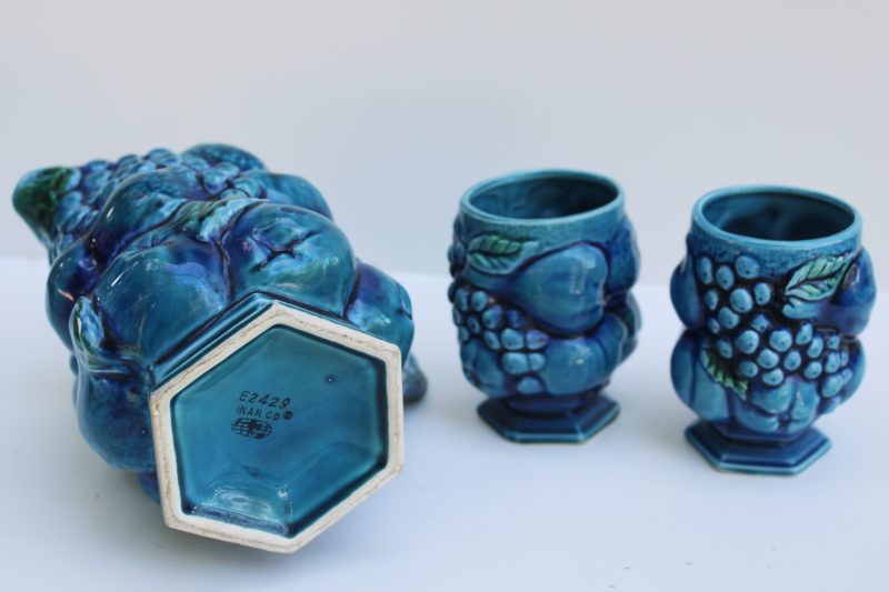 photo of mod vintage Inarco Japan Mood Indigo blue fruit ceramic pitcher & tumblers  #8