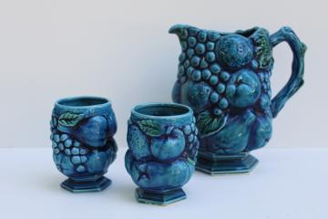 mod vintage Inarco Japan Mood Indigo blue fruit ceramic pitcher & tumblers 