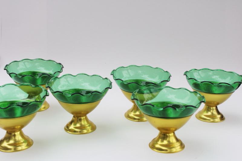 photo of mod vintage Italian glass dessert dishes w/ anodized aluminum stands, emerald green w/ gold #1
