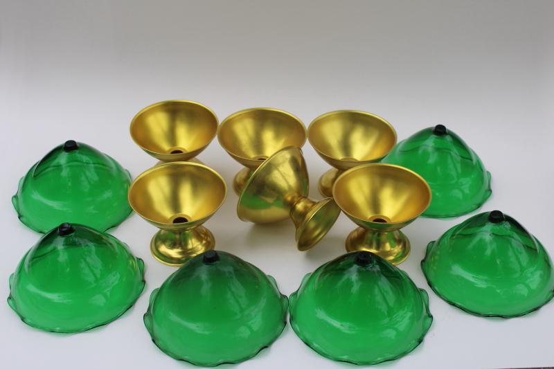 photo of mod vintage Italian glass dessert dishes w/ anodized aluminum stands, emerald green w/ gold #4