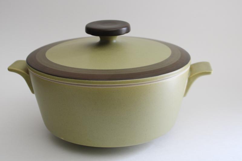 photo of mod vintage Japan stoneware casserole w/ lid, green band Apache Gold Arrow stone #1