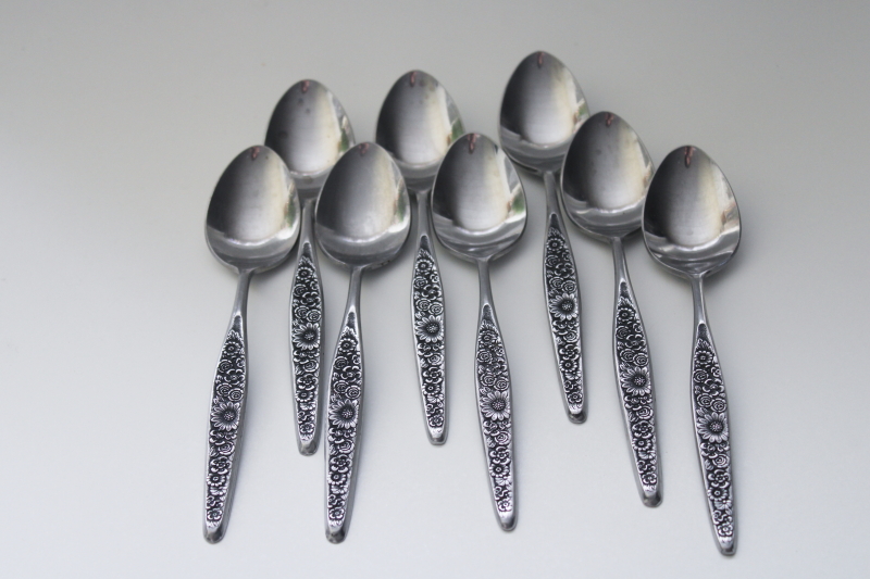 photo of mod vintage Jardinera floral teaspoons set of 8, Interpur Japan heavy stainless flatware #1