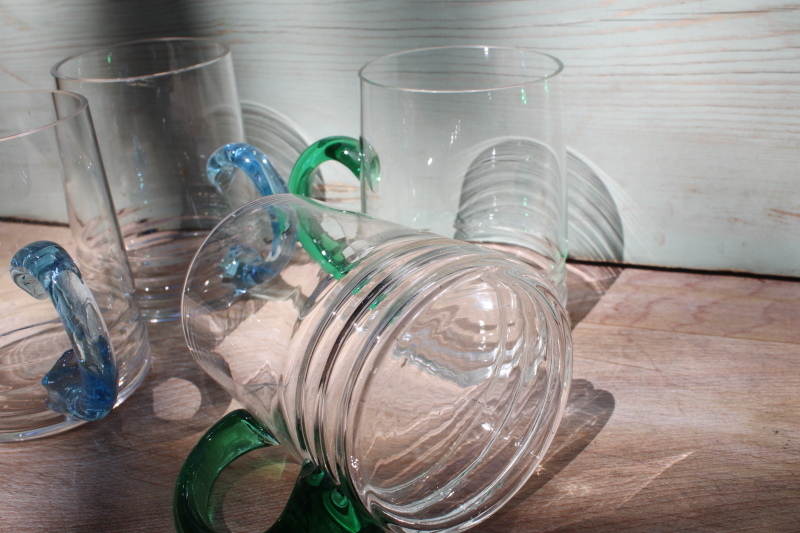 photo of mod vintage Libbey glass steins, clear glasses w/ colored glass handles, large mugs #3